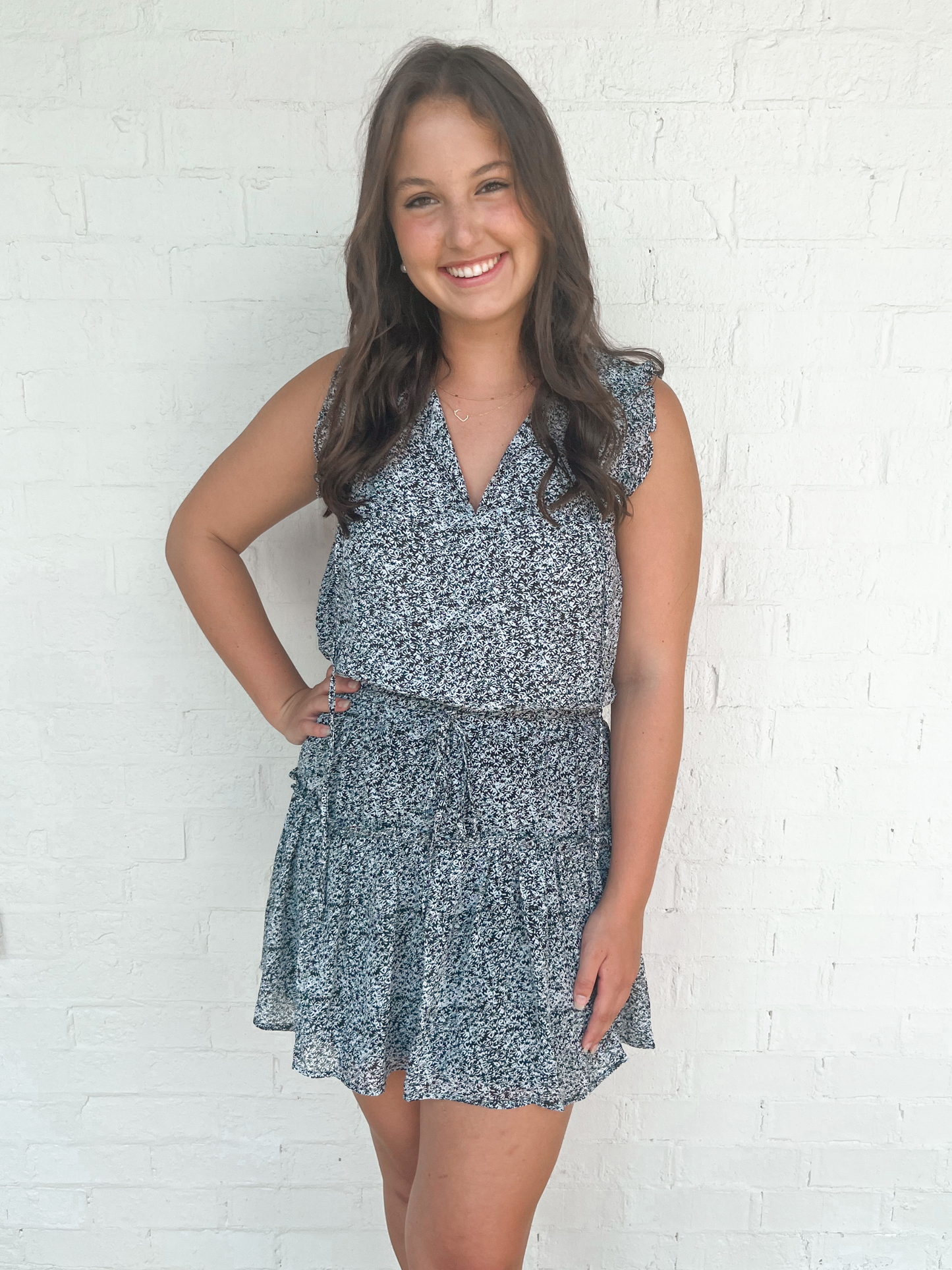 Ditsy Ruffled Mini Dress - Black