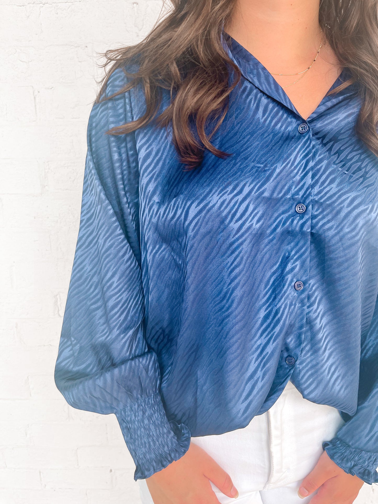 Patterned Button Down Top - Navy