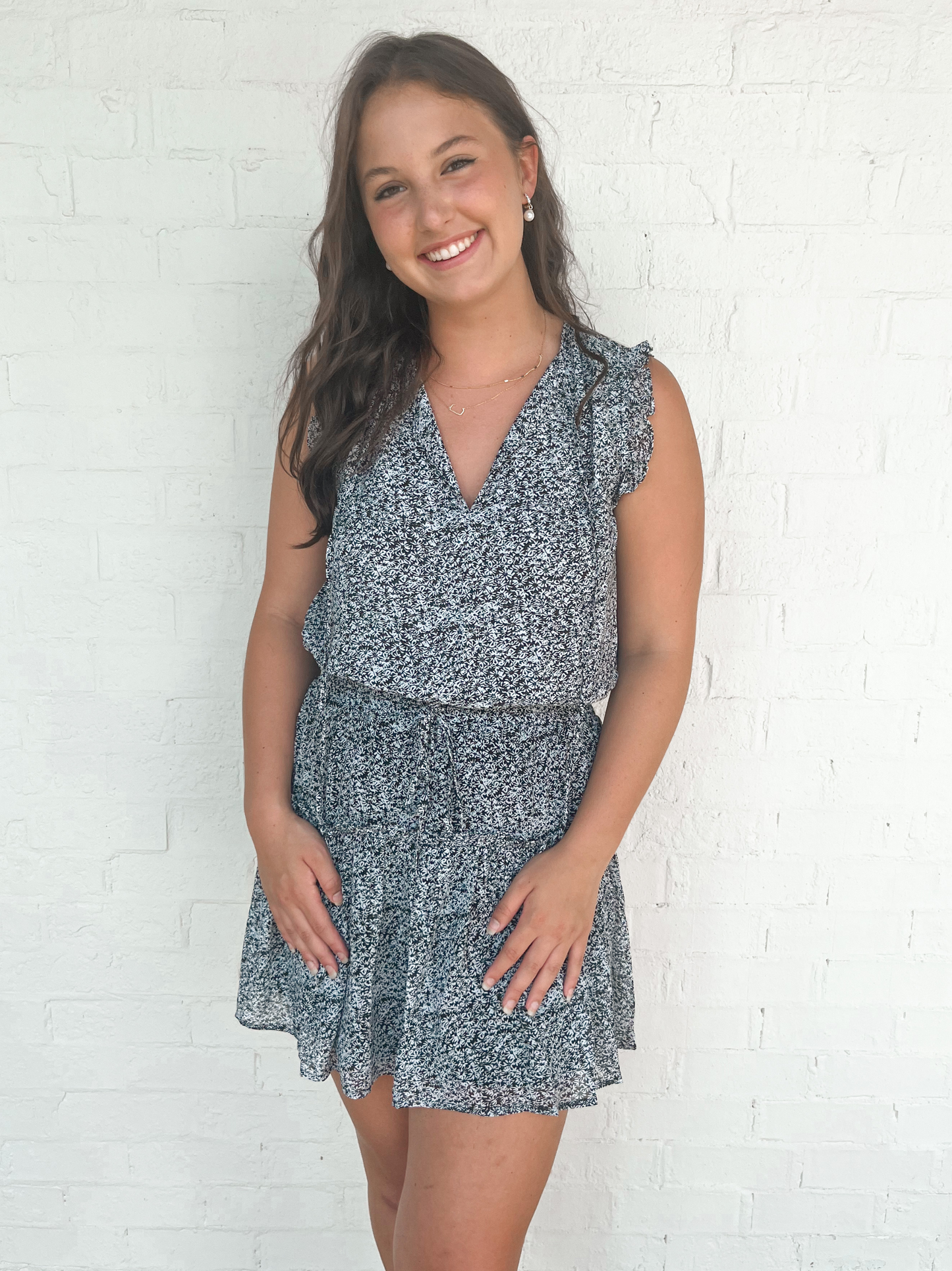Ditsy Ruffled Mini Dress - Black