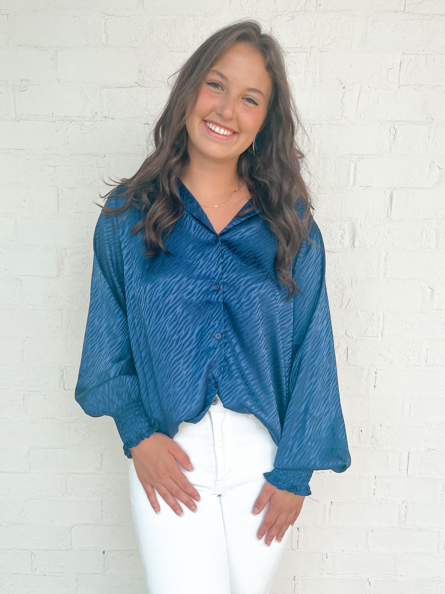 Patterned Button Down Top - Navy