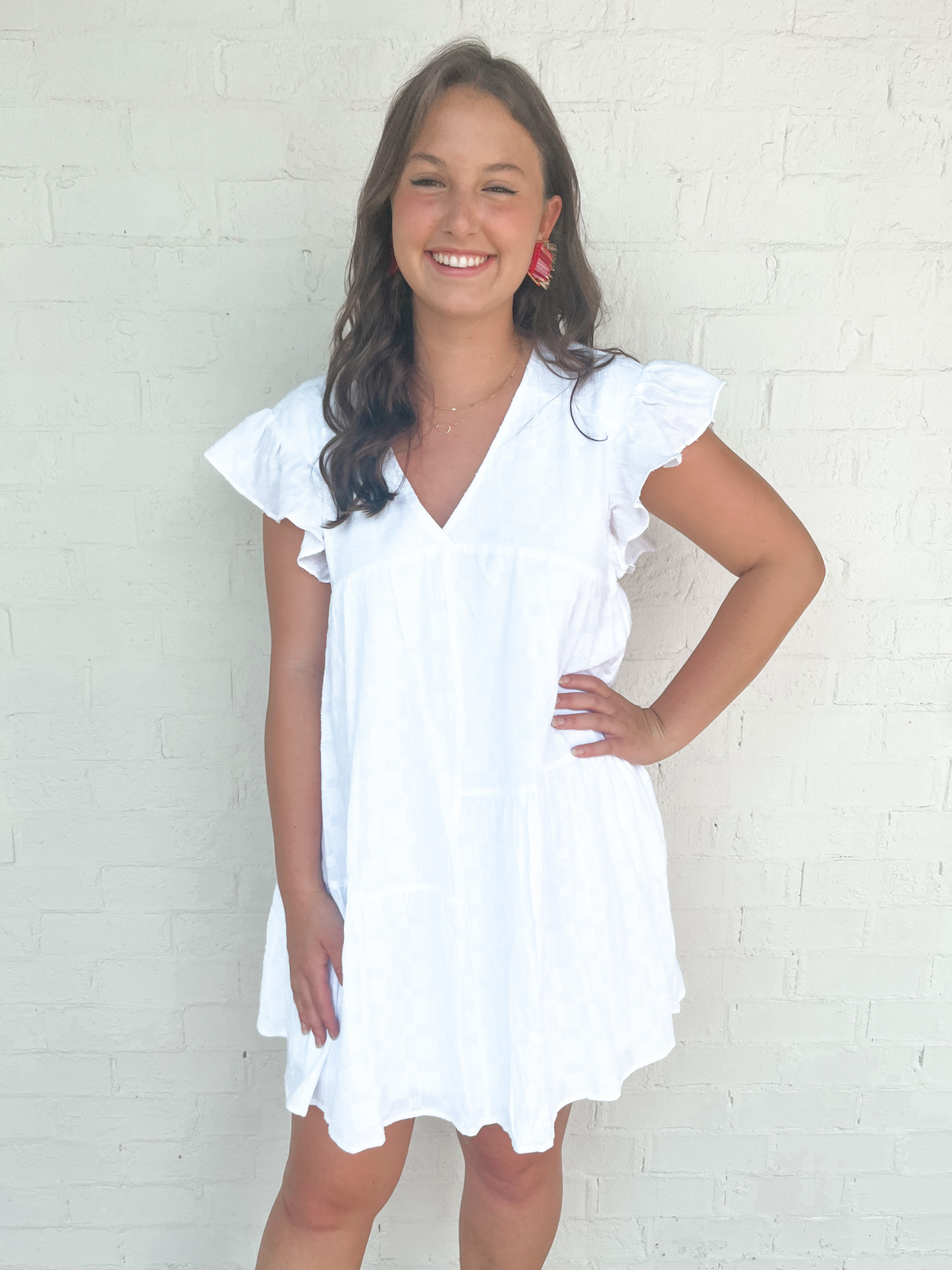 Vivian V-Neck Ruffled Sleeve Dress - White