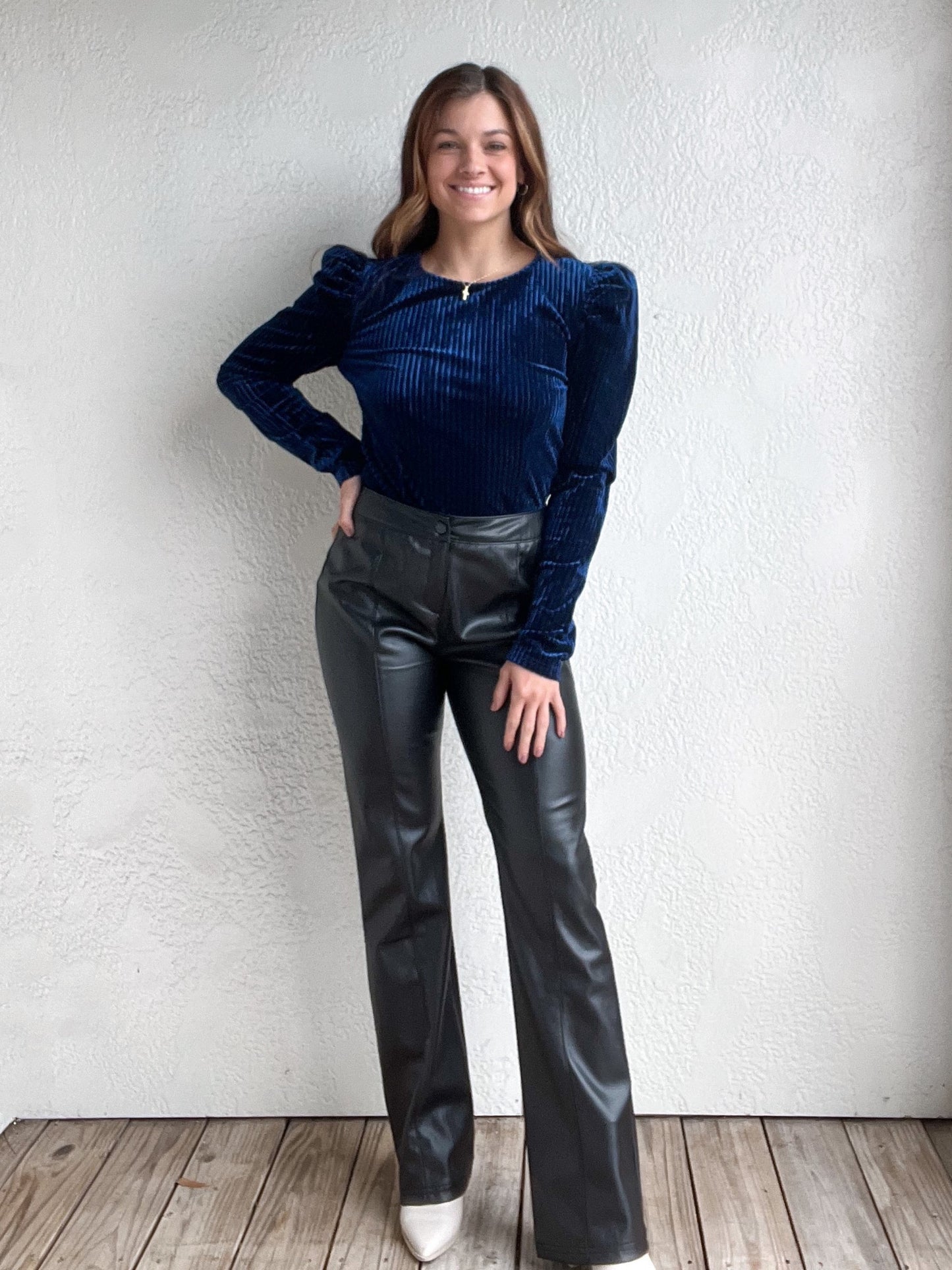 Puff Shoulder Velvet Top - Navy