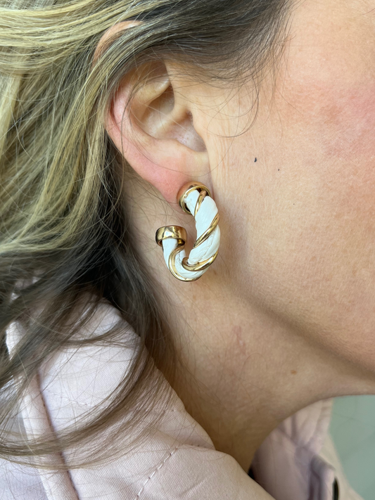 Twisted Hoop Earrings - White and Gold